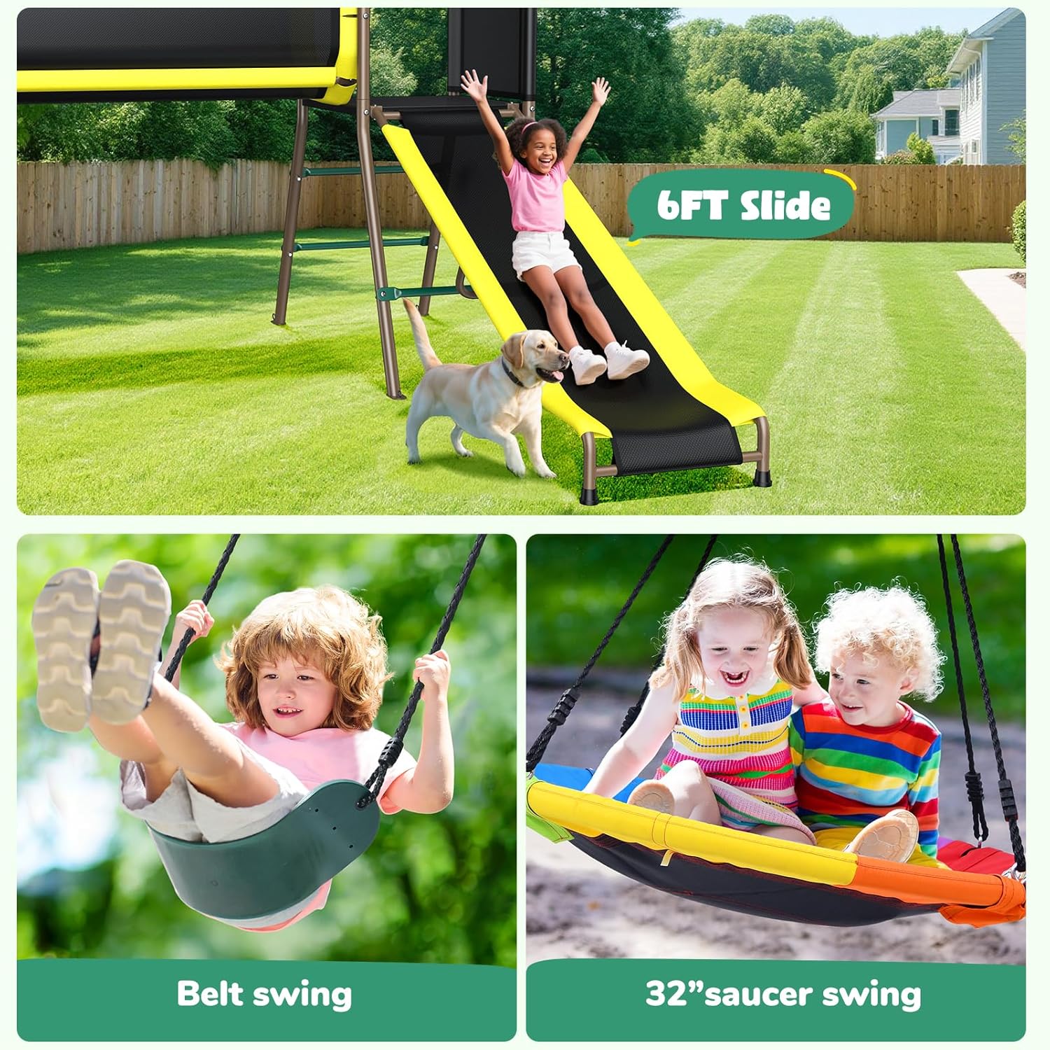 660lbs Swing Set with Slide,Crawl Tunnel and Monkey Bars for Backyard,5 in 1 Metal Swingset Outdoor for Kids Aged