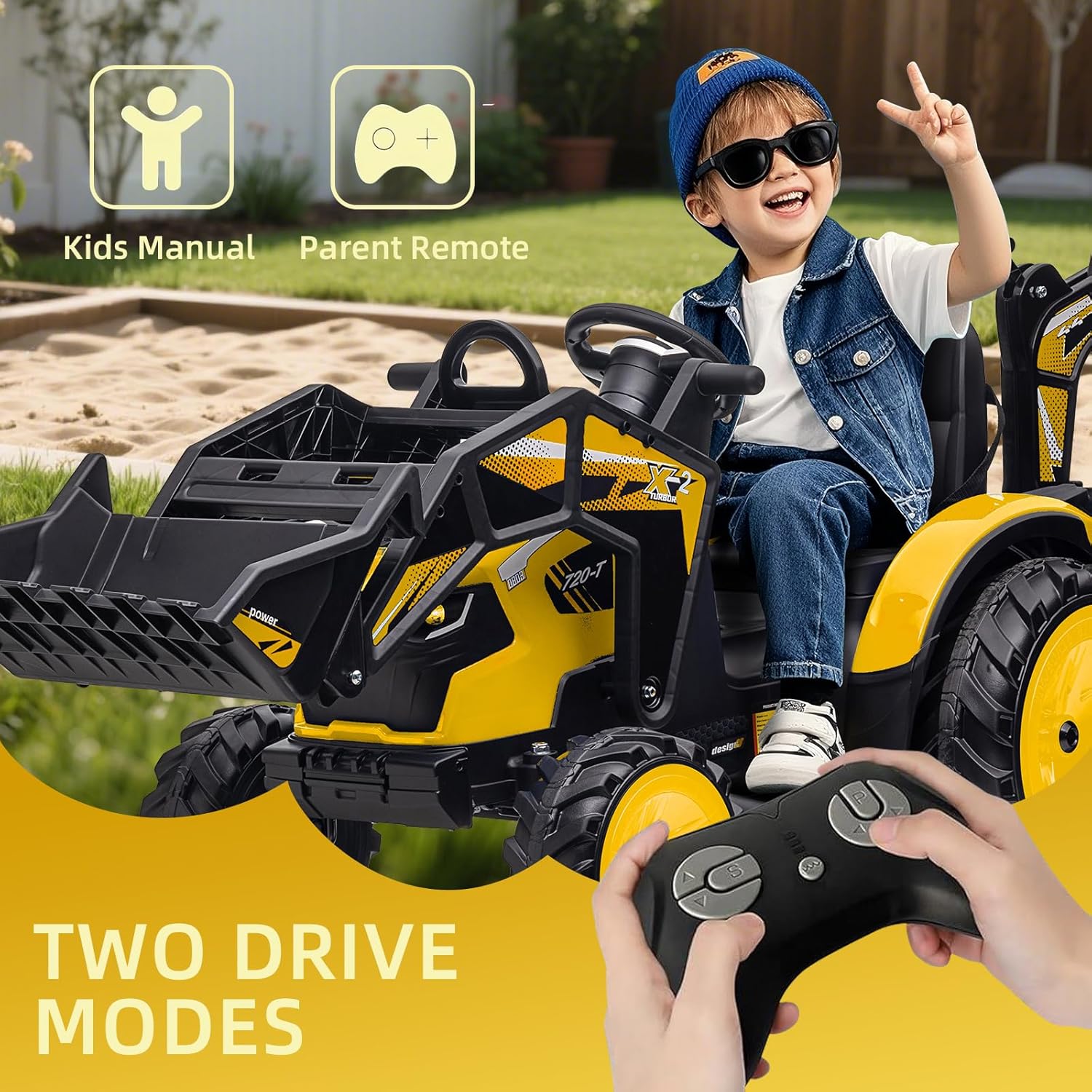 3 in 1 Kids 24V Ride On Tractor, Excavator & Bulldozer, Electric Vehicle w/Trailer, Digger, Shovel Bucket, Remote