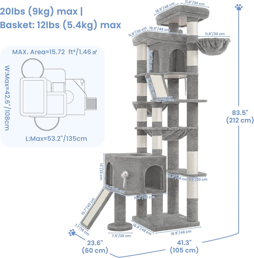 Cat Tree, 83.5" Heavy Duty Cat Tower for Large Cats Adult with Stable Structure, Tall Cat Furniture with 2 Perches, 2