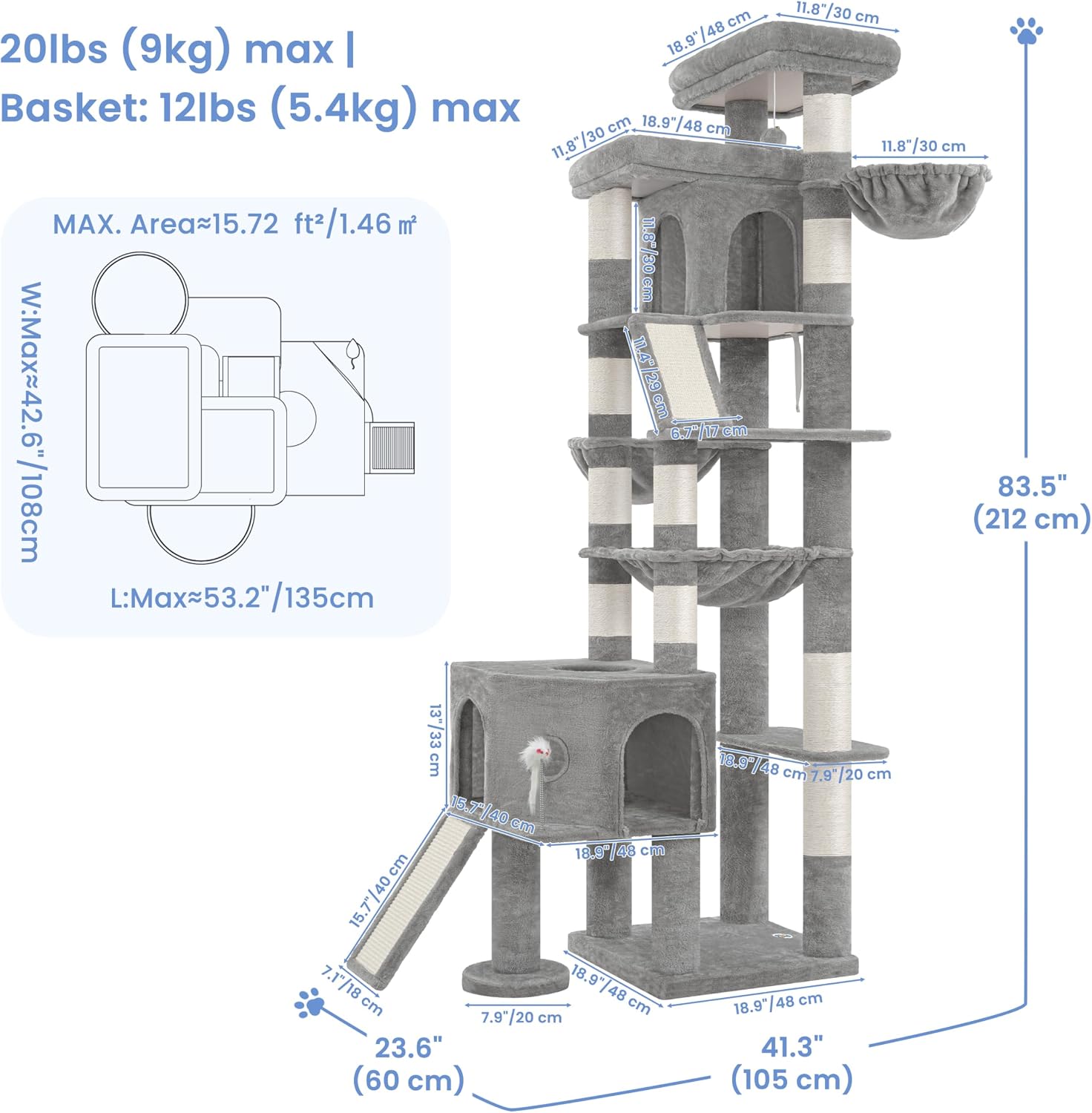 Cat Tree, 83.5" Heavy Duty Cat Tower for Large Cats Adult with Stable Structure, Tall Cat Furniture with 2 Perches, 2