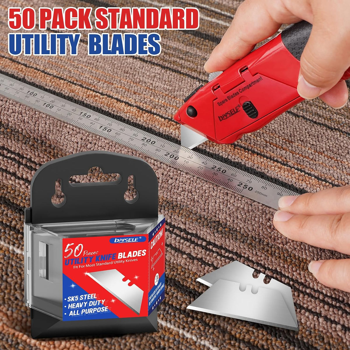 50 Pack Utility Knife Blades, SK5 Steel Box Cutter Blades with Dispenser, Standard Blades for Box Cutter Utility