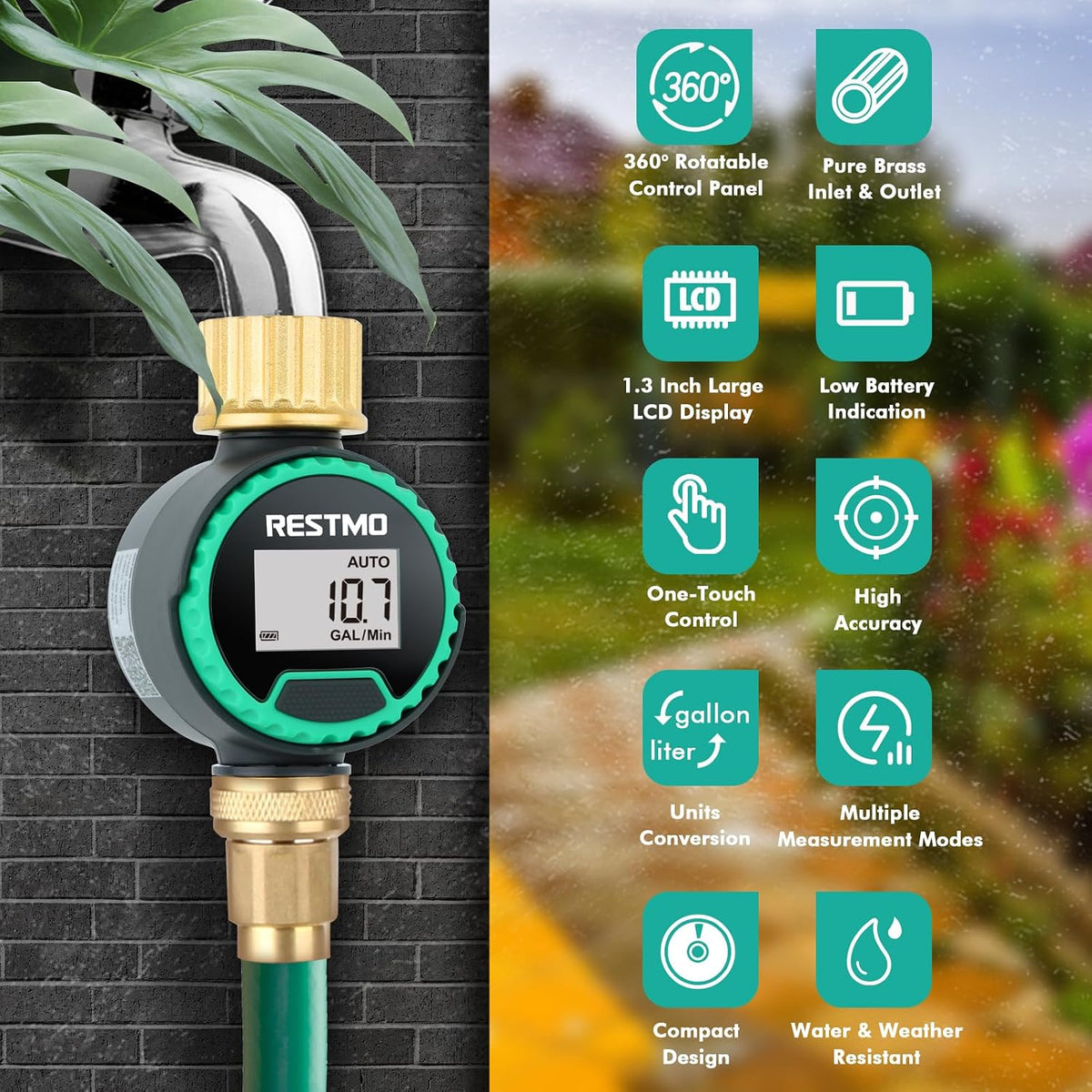 RESTMO 360° Rotatable Water Flow Meter, Brass Inlet & Outlet Water Meter