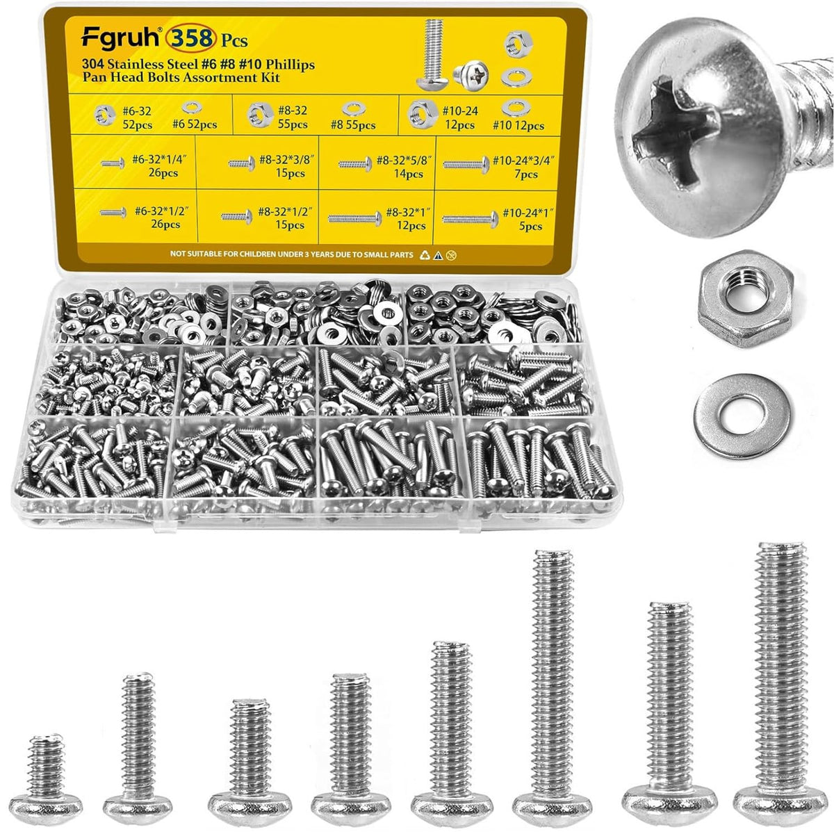 358PCS #6-32#8-32#10-24 Pan Head Machine Screws Nuts Assortment Kit