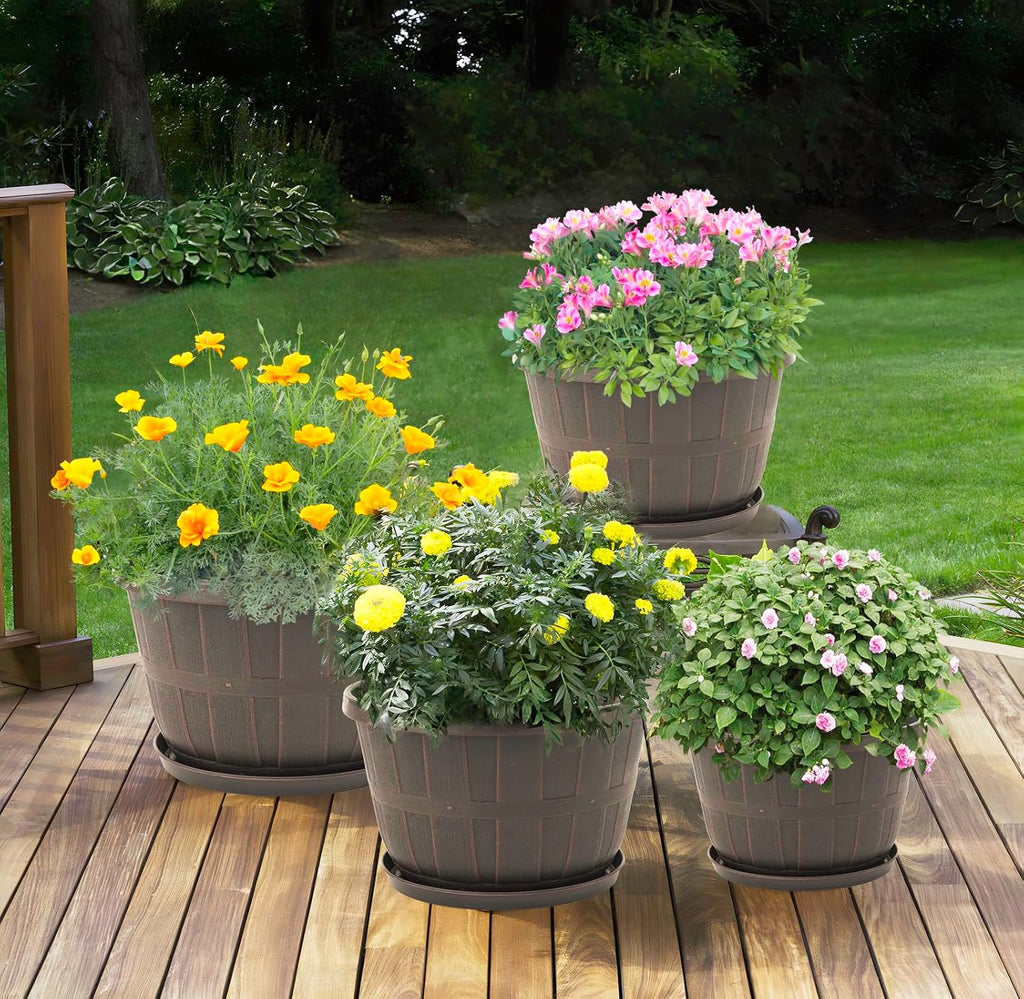10 inch Plastic Flower Pots for Outdoor Plants，4 Pack Large Outdoor Planter Pot with Drainage Holes &