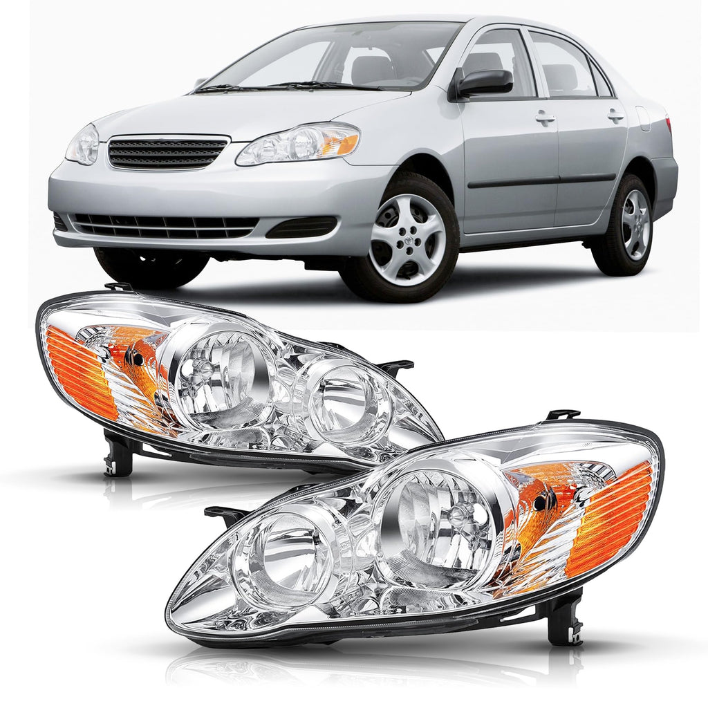 for 2003 2004 2005 2006 2007 2008 Toyota Corolla Headlights Headlamp Assembly Replacement Pair,Chrome Housing Amber