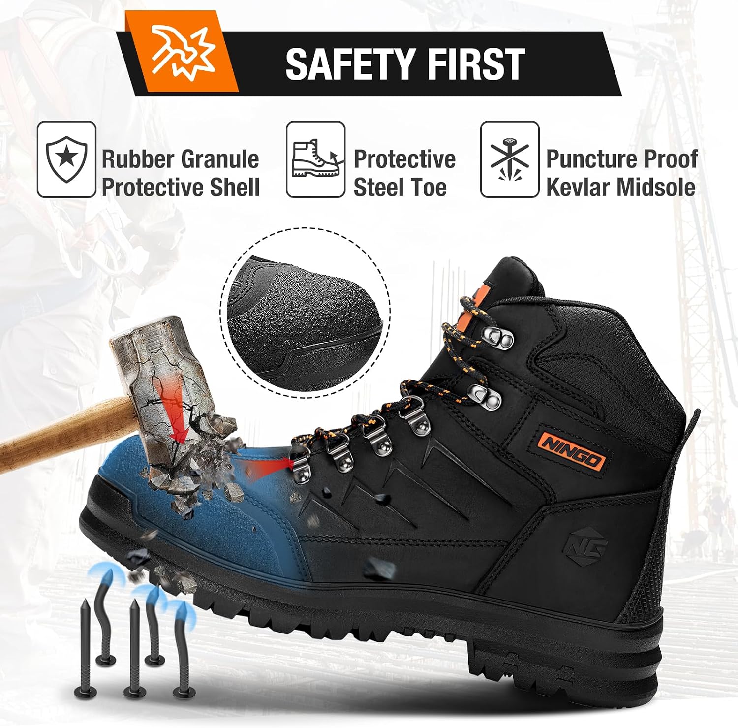 Mens Steel Toe Work Boots, Full Grain Leather, Oil and Slip Resistant, Puncture Proof Construction Boots with