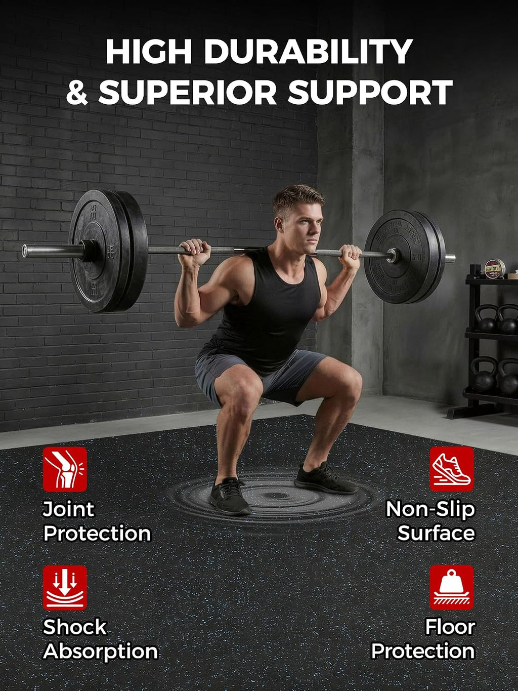 0.56in Thick 48 Sq Ft Exercise Equipment Mats, 12 Tiles Rubber Top EVA Foam Workout Mats, Interlocking Gym Flooring