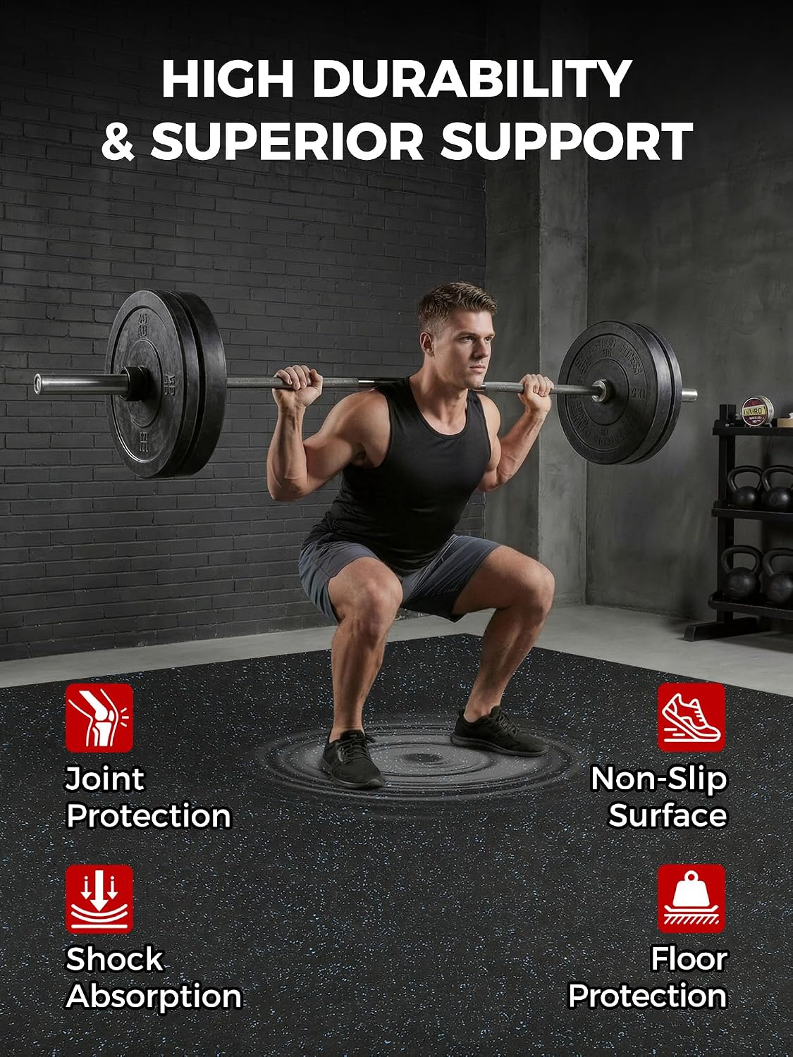 0.56in Thick 48 Sq Ft Exercise Equipment Mats, 12 Tiles Rubber Top EVA Foam Workout Mats, Interlocking Gym Flooring