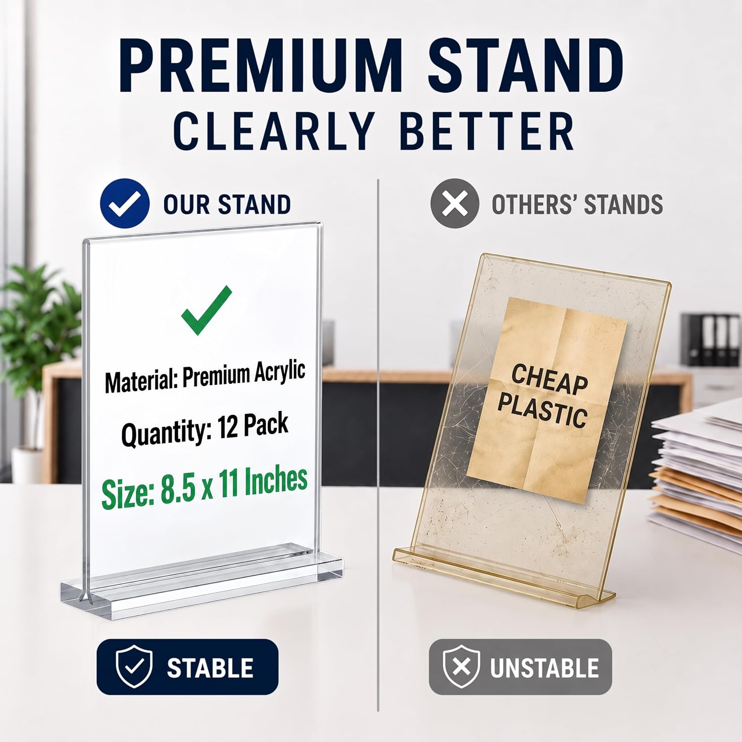 12-Pack Acrylic Sign Holder 8.5x11, Clear Tabletop Display Stand | Double-Sided Plastic Tabletop Display Stand for
