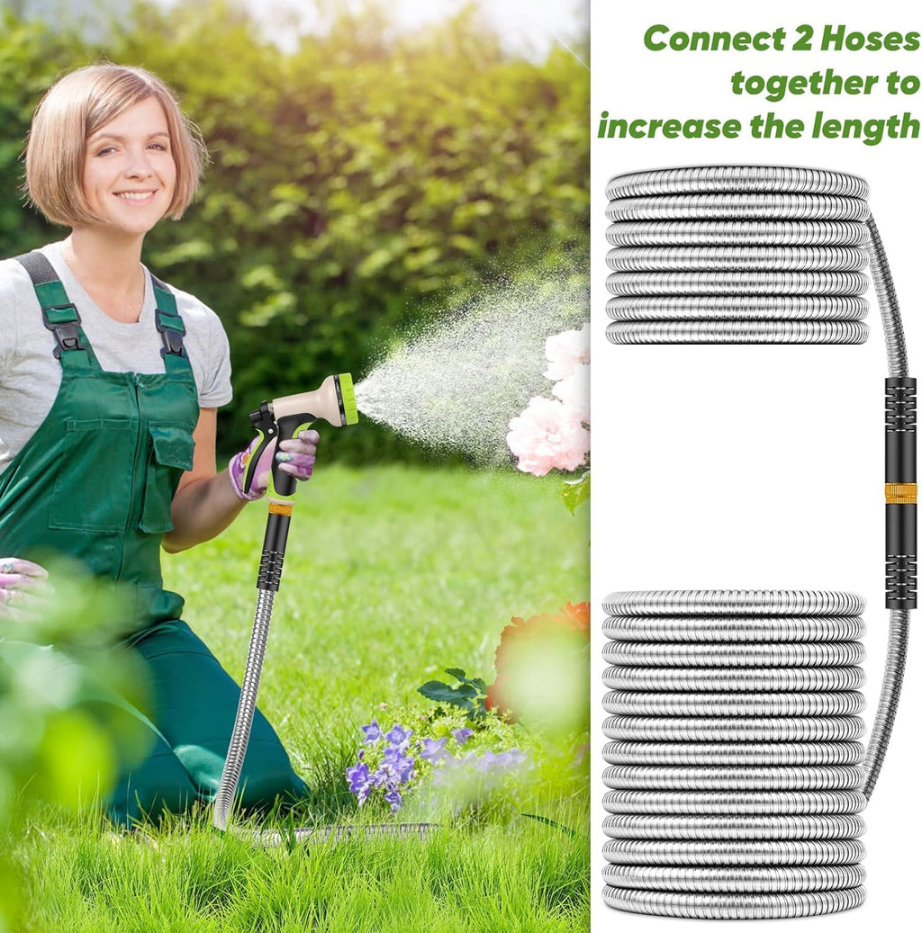 Garden Hose 50 ft, Stainless Steel Water Hose with 10 Function Nozzle Flexible, Heavy Duty, Lightweight, No-Kink, Pet