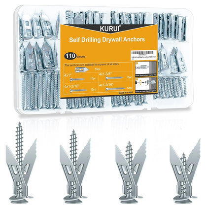 110Pcs Heavy Duty Metal Drywall Anchors and Screws Kit, Easy Self Drilling, Durable & Renter Friendly, Silver Anchors