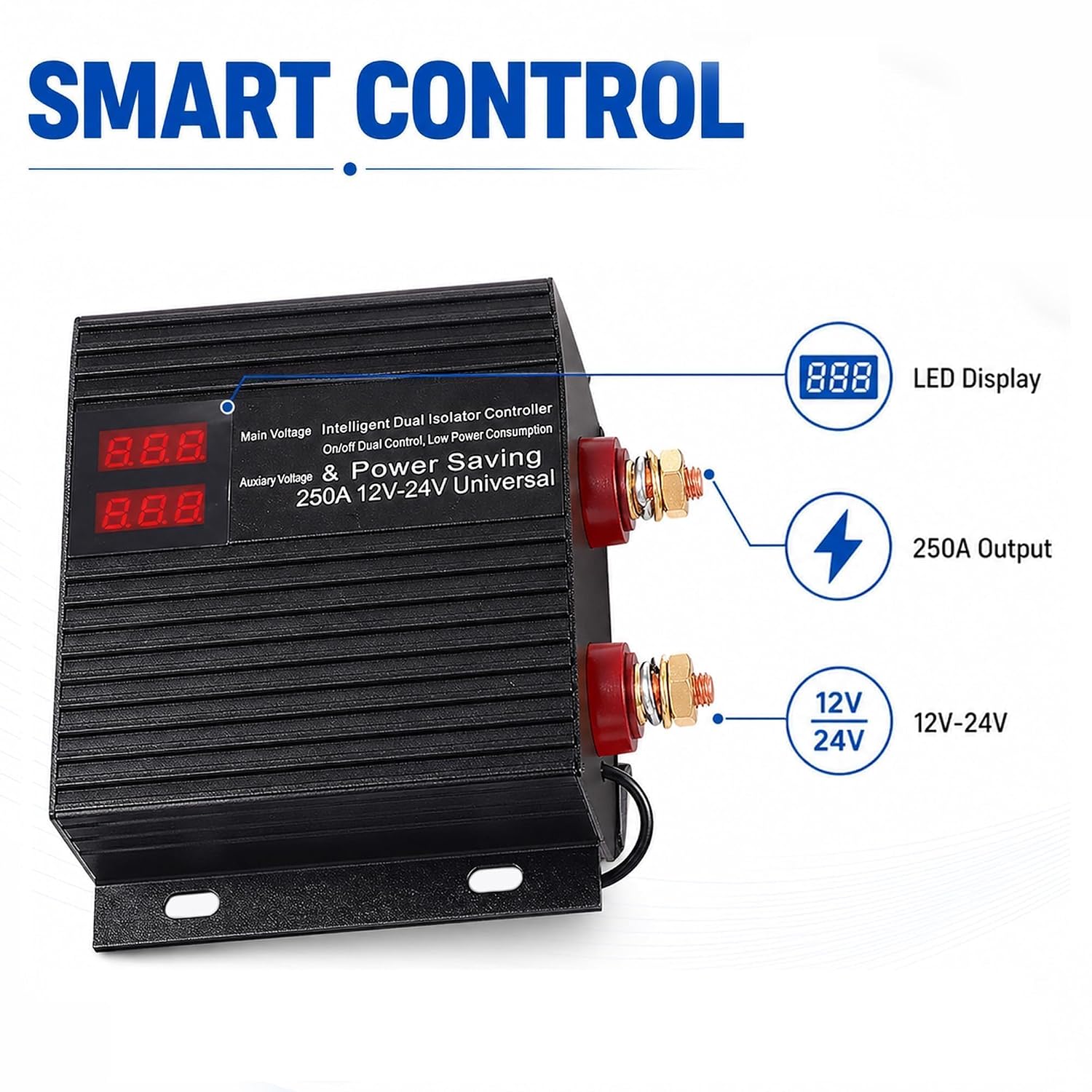 250 AMP Dual Battery Smart Isolator 12V 24V Universal Smart VSR | Voltage Sensitive Relay for Marine RV UTV Car Boat