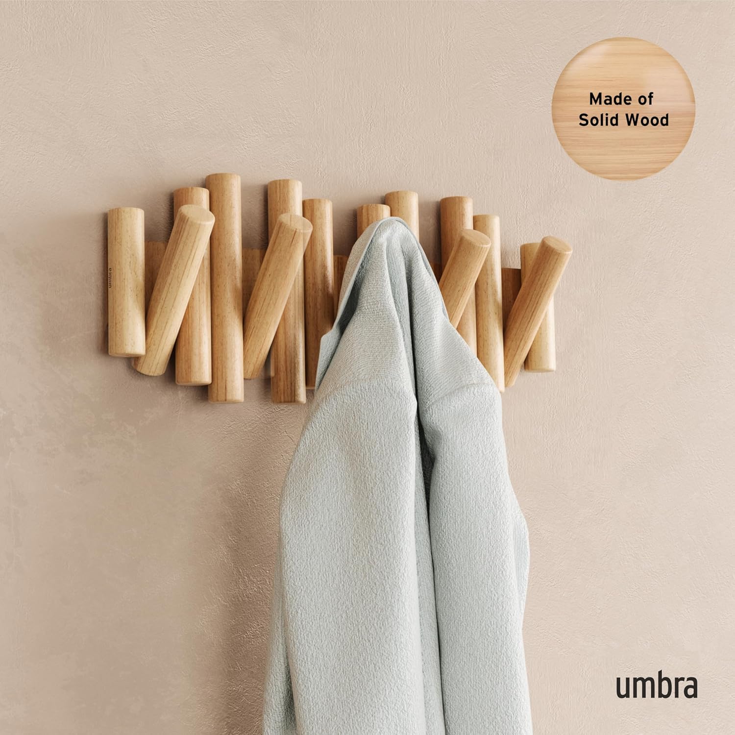 Picket Coat Rack Wall Mount – 5 Flip-Down Wood Coat Hooks, Modern & Functional Storage, Easy Install Wall Hooks, Natural