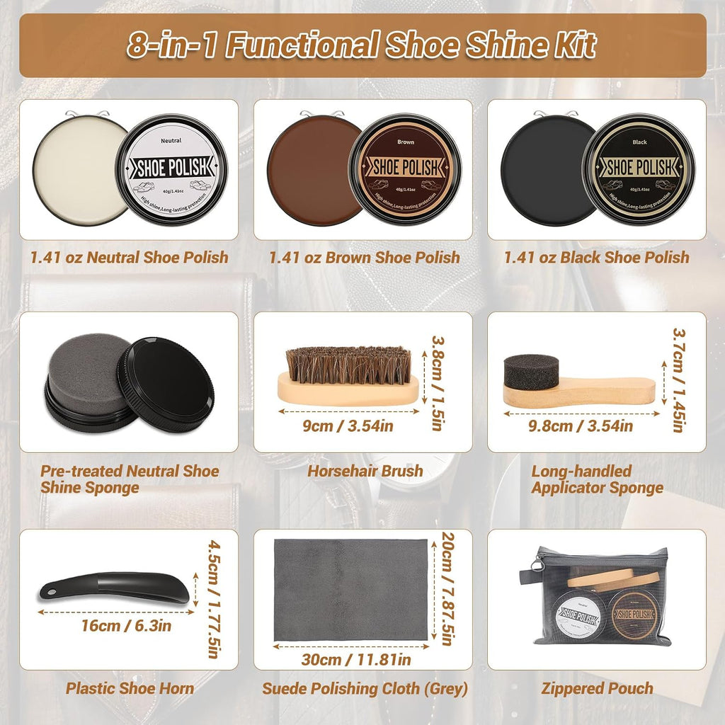 Leather Shoe Polish Kit- Shoe Shine Gift for Men with Black Brown Neutral Shoe Polish Horsehair Brush Sponge Cloth
