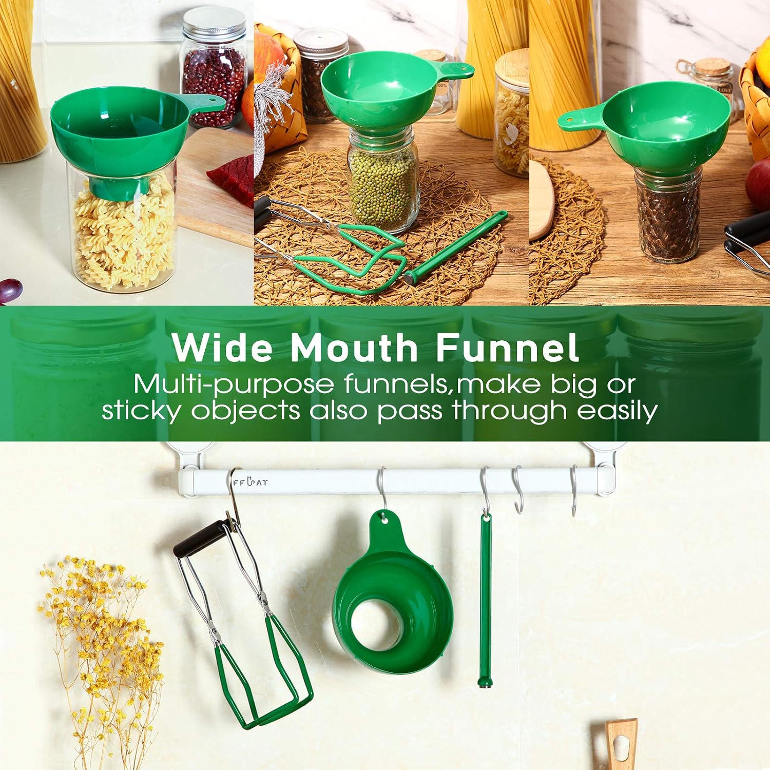 Canning Funnel Jar Lifter Magnetic Lid Wand for Mason Jars, 3 Pcs, Green