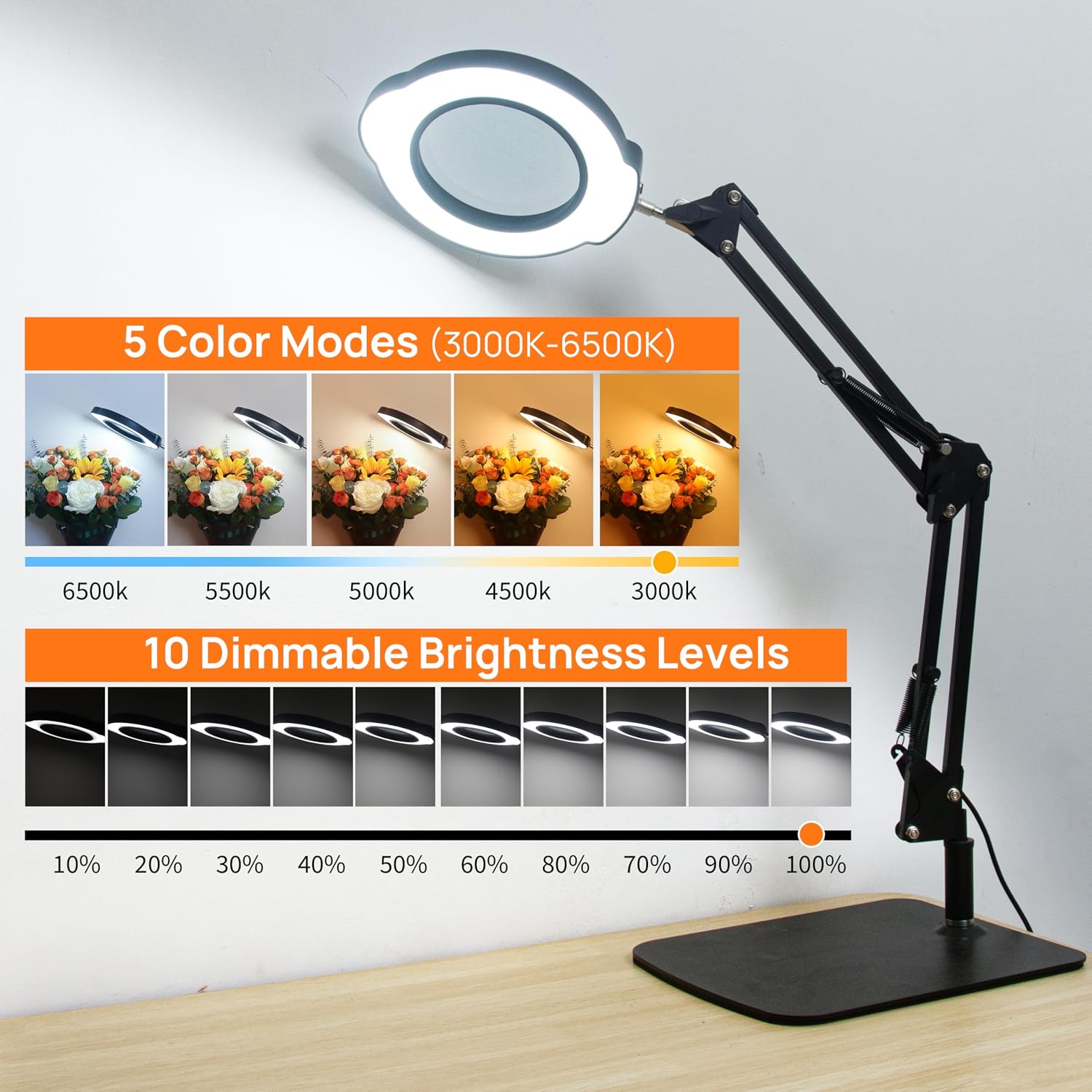 10X Magnifying Glass with Light, Stand and Clamp | 84 LED Magnifier Lamp with 5 Color Modes and Stepless Dimming for