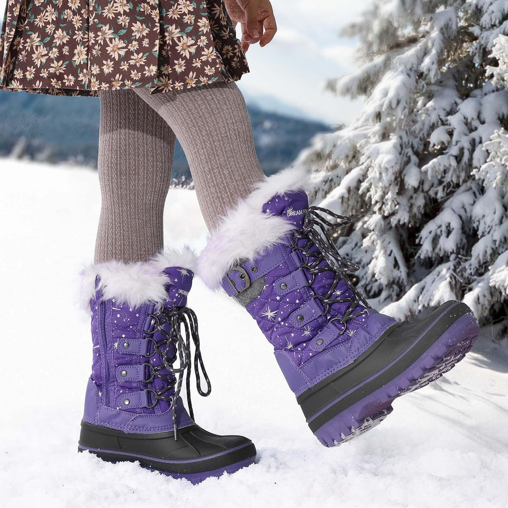 Girls Snow Waterproof Winter Boots | Warm Faux Fur Lined Outdoor Secure Grip Anti Slip Outsole Easy Wear Windproof