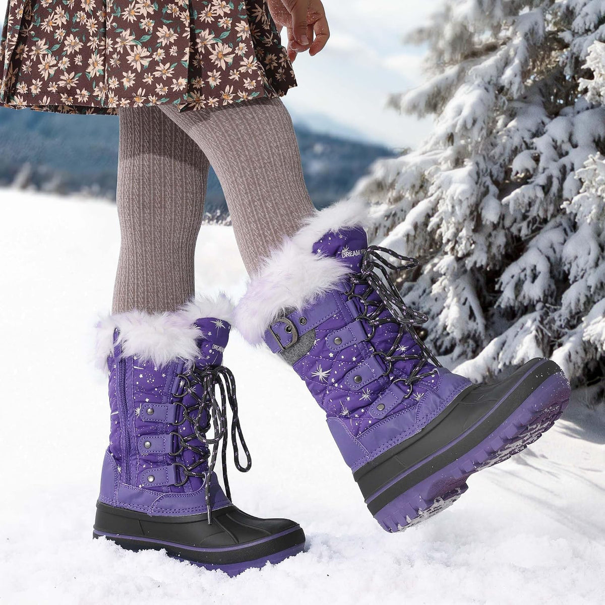 Girls Snow Waterproof Winter Boots | Warm Faux Fur Lined Outdoor Secure Grip Anti Slip Outsole Easy Wear Windproof