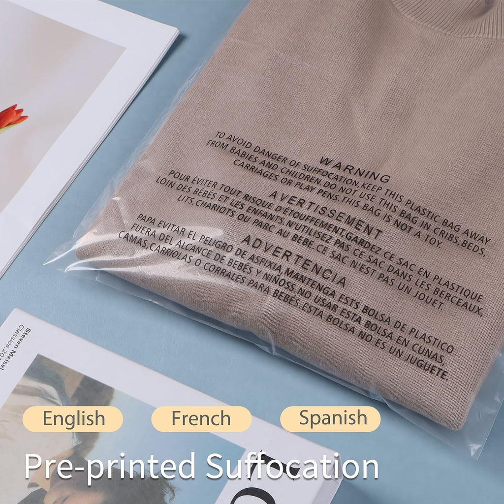 200 Count 18x24” Clear Poly Bags with Suffocation Warning Self-Sealing Plastic Bags for Shipping, Retail Packaging