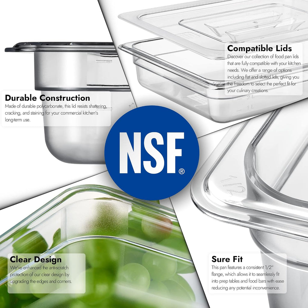 6-Pack 1/2 Size 2.5" Deep NSF Polycarbonate Food Pans | Dishwasher & Freezer Safe Clear Container for Prep Tables
