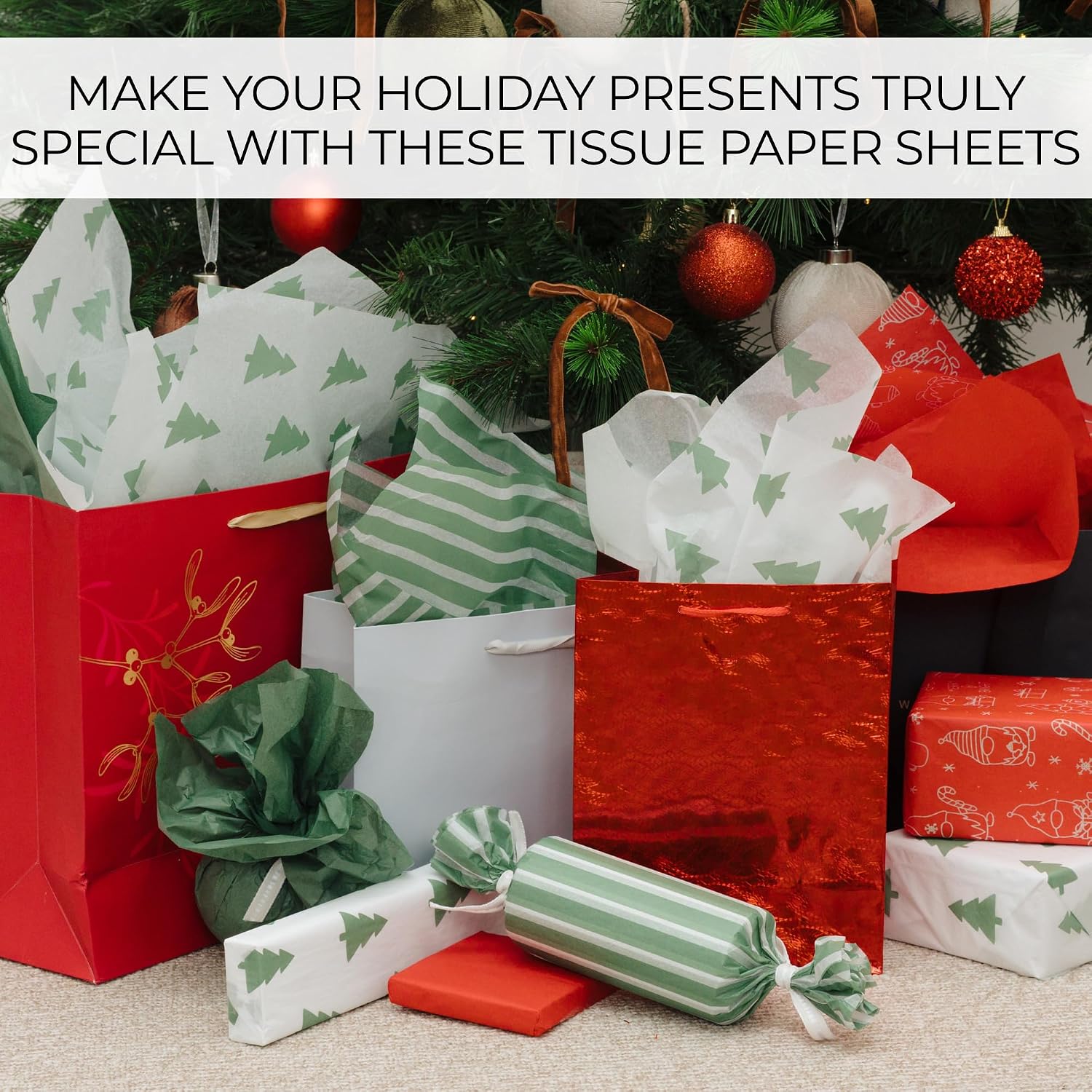Beautiful Christmas Tissue Wrapping Paper Sheets for Gift Bags - Set of 120 Quality Tissue Papers with 6 Festive