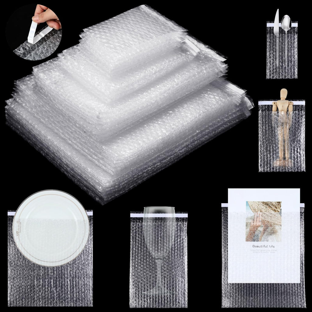 100 Pcs 5 Sizes Clear Bubble Bags Self Adhesive Bubble Cushioned Pouches Double Walled Shockproof Clear Cushioning