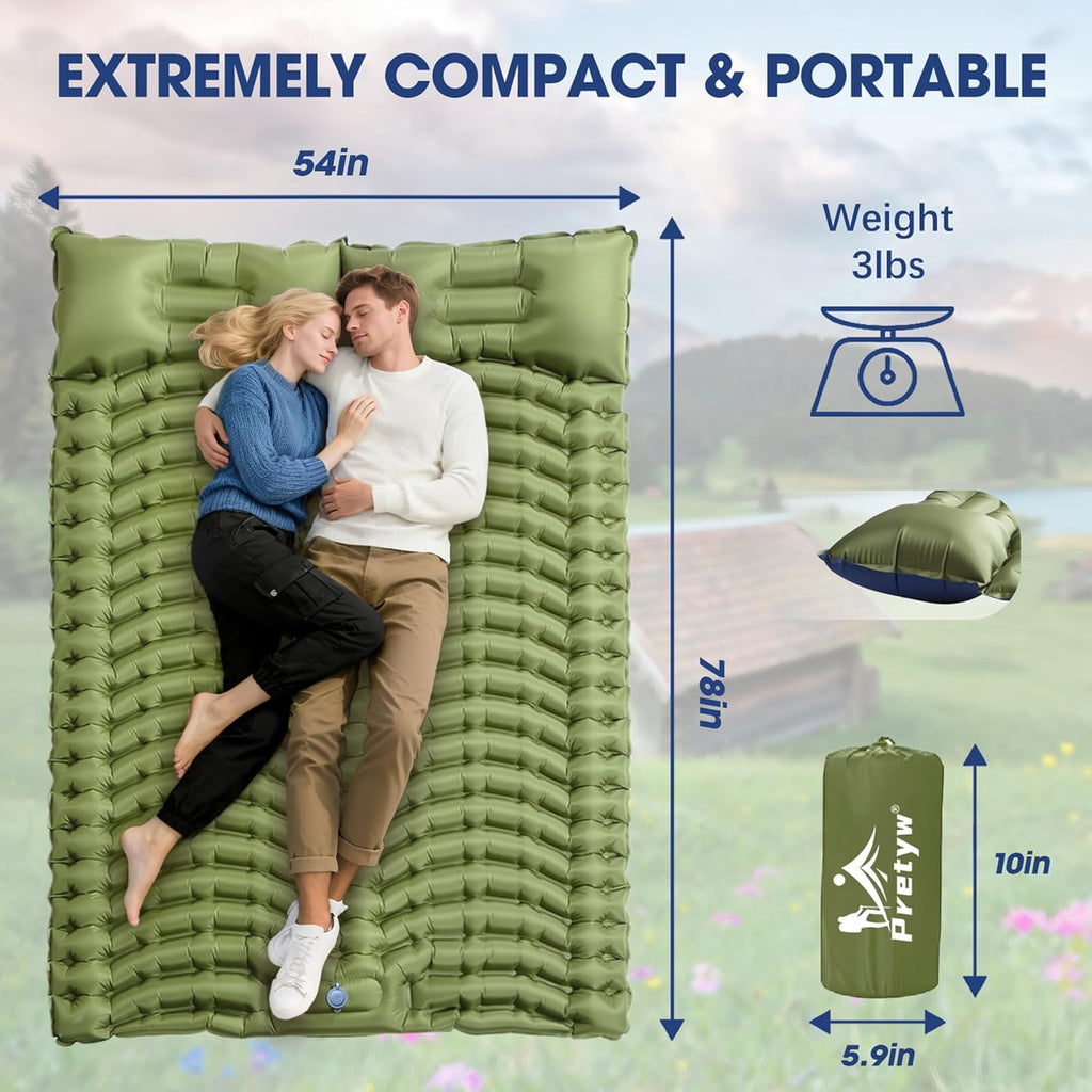 Double Camping Sleeping pad with Pillow & Built-in Foot Pump | Ultralight Camping Mattress，Compact Inflatable