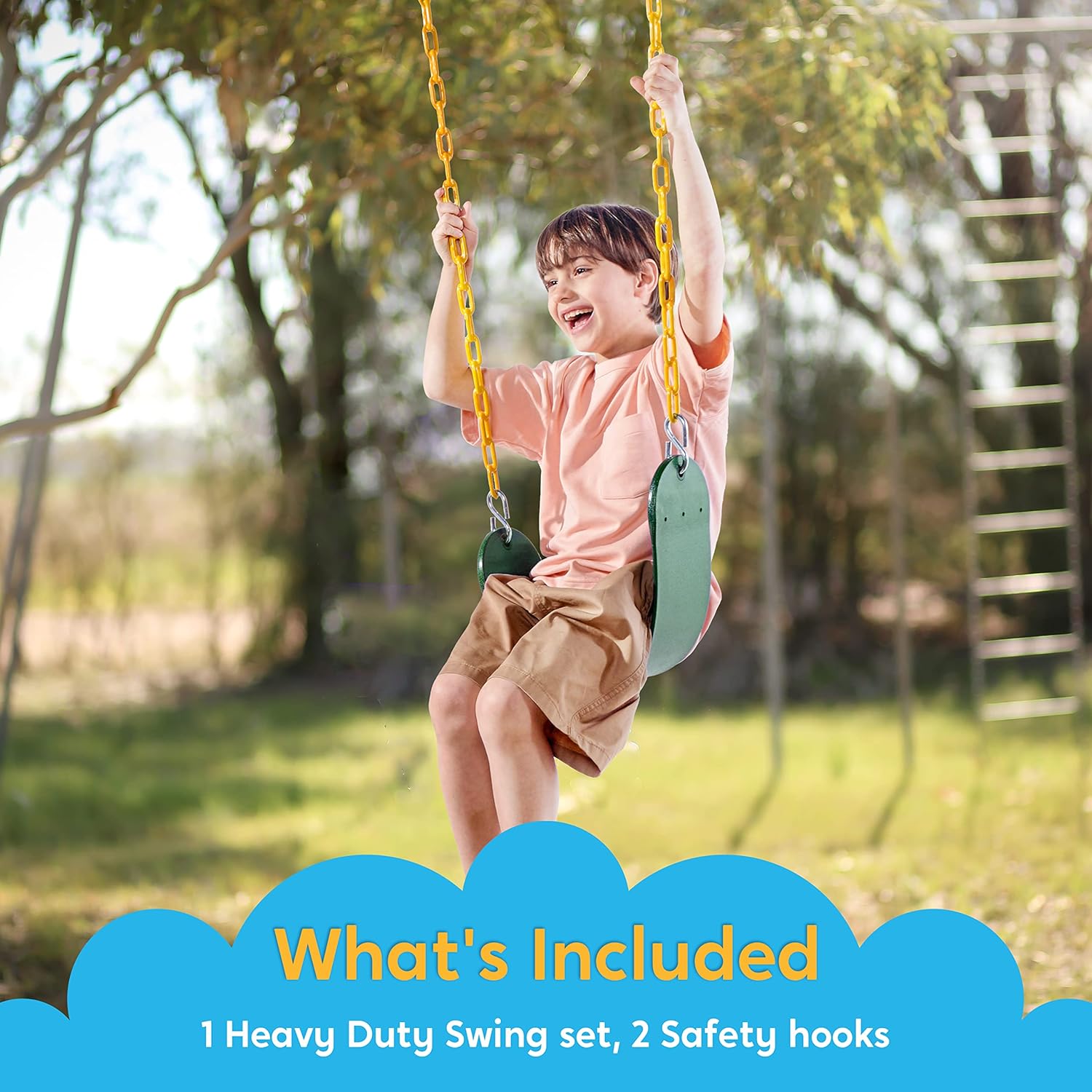 Heavy Duty Swing Seat Green Color with 66” Chain, Swing Set Accessories Replacement with Snap Hooks for Kids Outdoor