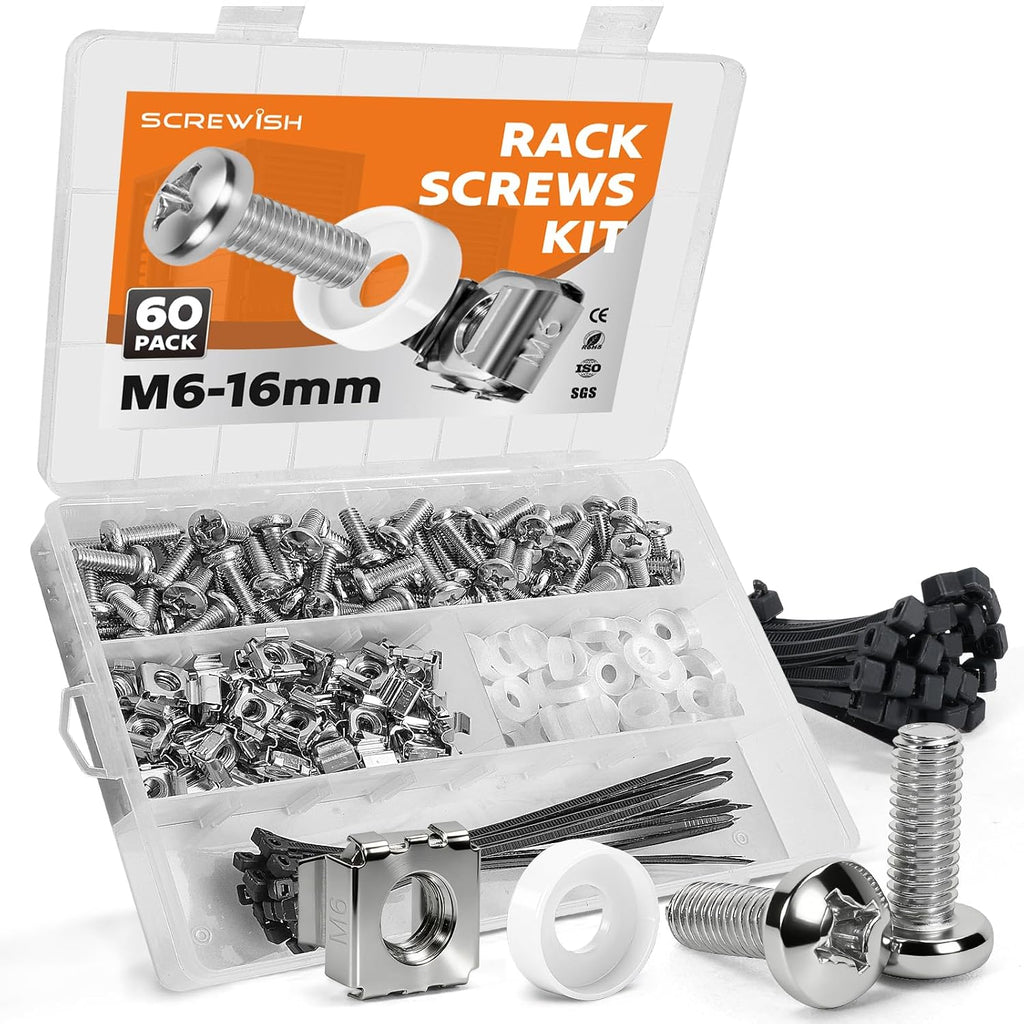 M6 x 16mm Rack Screws Kit, Cage Nuts, 60 Sets, Silver
