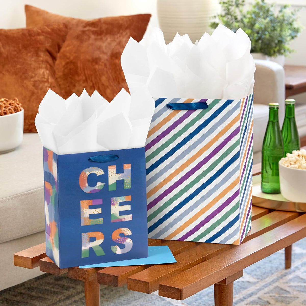 Solid Gift Bag Assortment (8 Bags: 4 Medium 9", 4 Large 13") Blue, Green, Orange, Cheers, Stripes