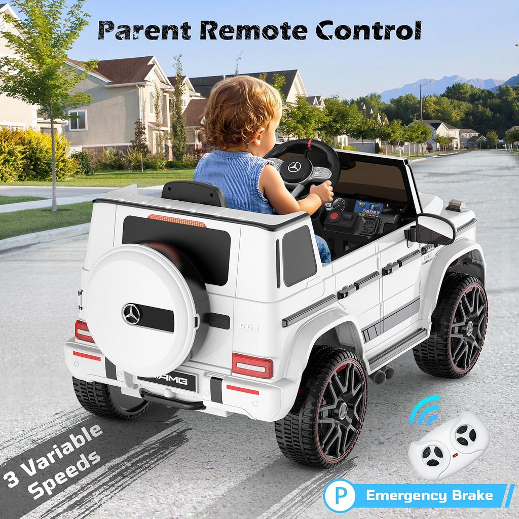 12V 7AH Licensed Mercedes-Benz G63 Electric Car for Kids, White | Parent remote control ride on car for toddlers with