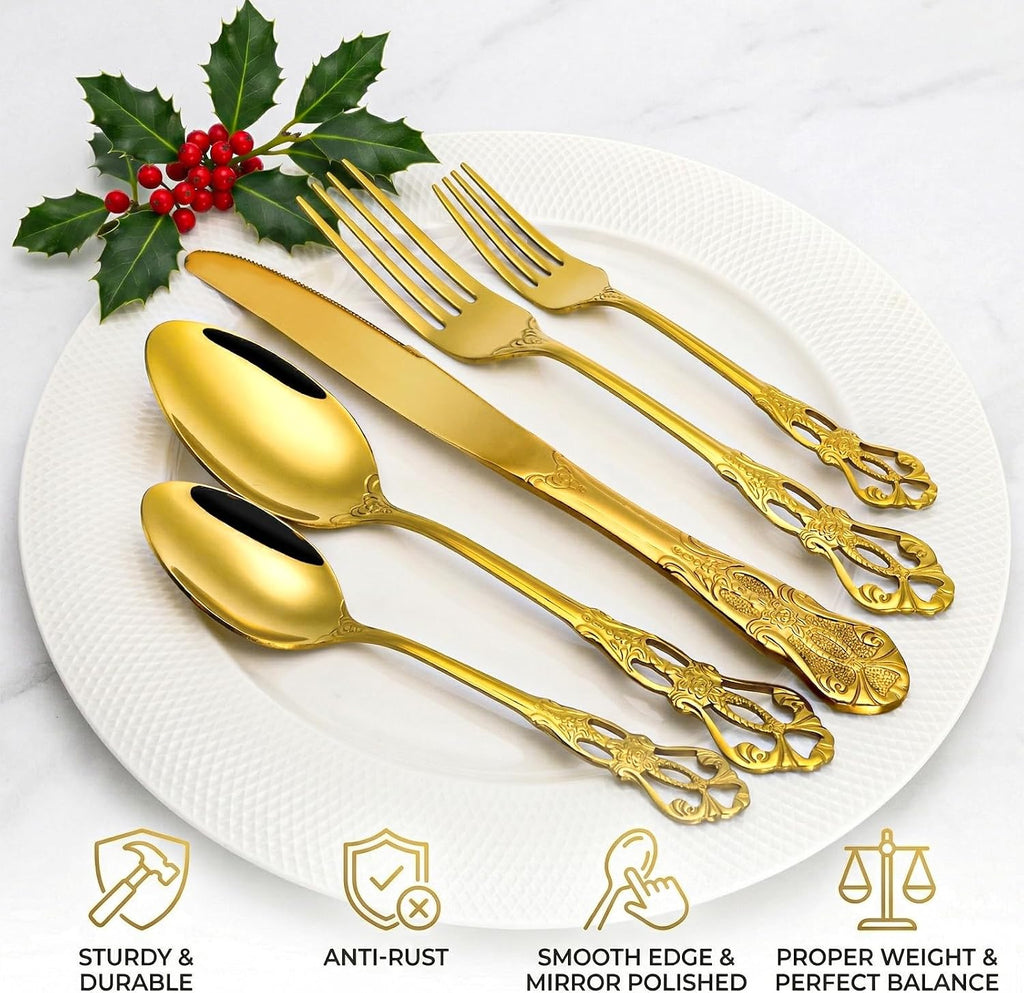 40 Pieces Gold Silverware Set for 8, Retro Royal Utensils Set Gold, Stainless Steel Flatware Dinnerware Set Including