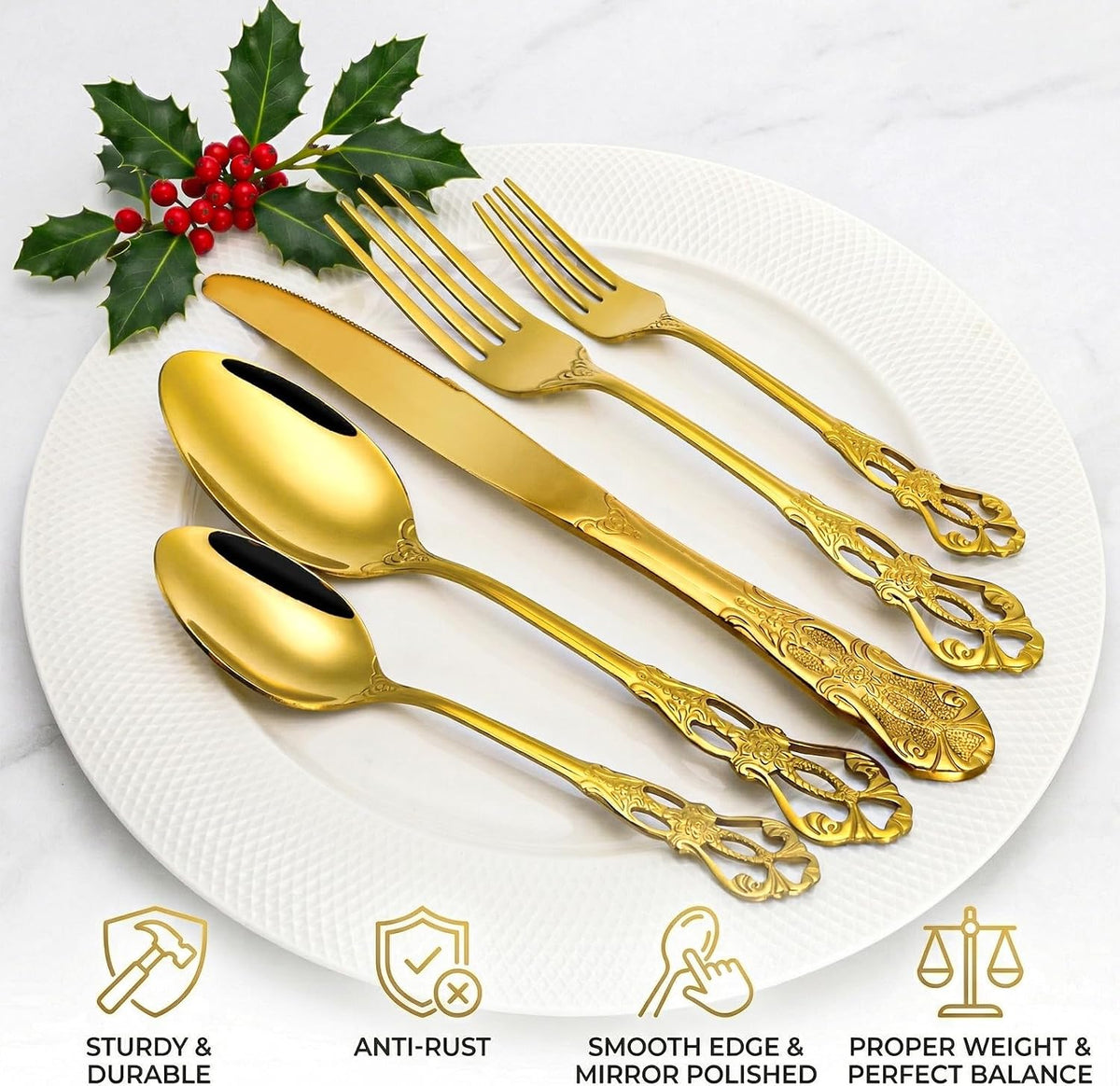 40 Pieces Gold Silverware Set for 8, Retro Royal Utensils Set Gold, Stainless Steel Flatware Dinnerware Set Including