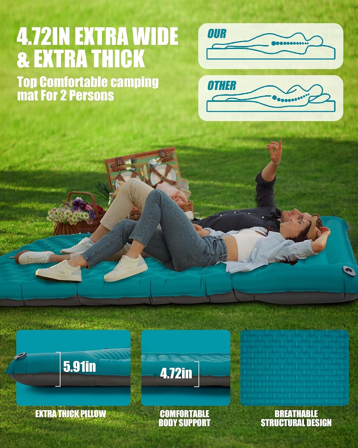 Sleeping Pad Camping Inflatable: Extra Thickness Double Persons Self Inflating Mat with Built-in Foot Pump