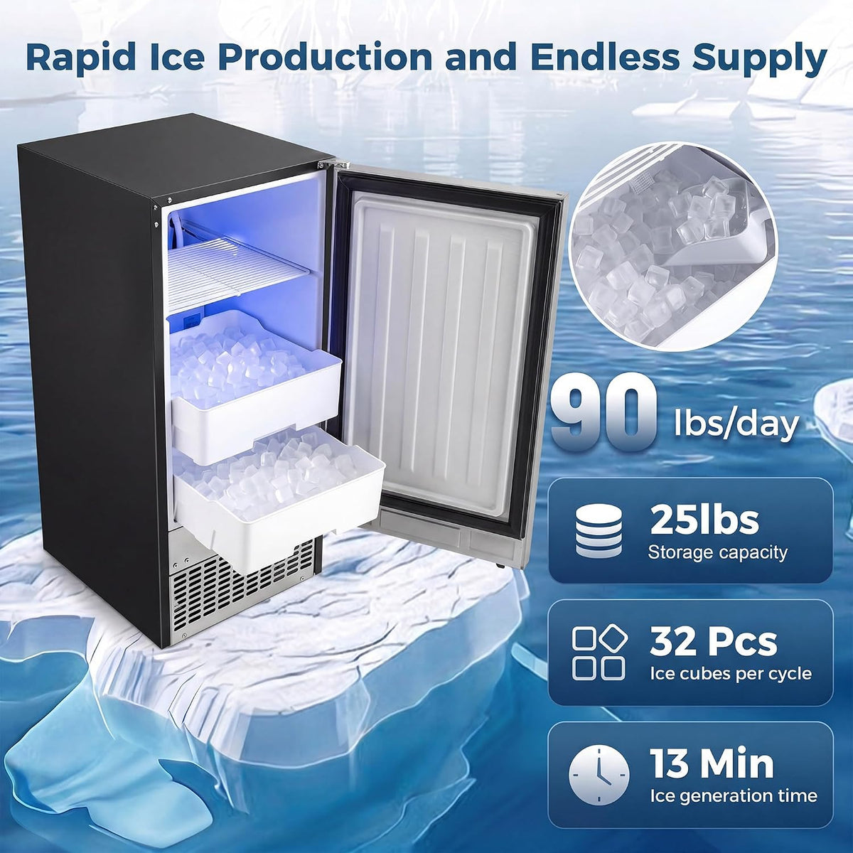 Under Counter Ice Maker w/Refrigerator Function 90Lbs/24H, Black