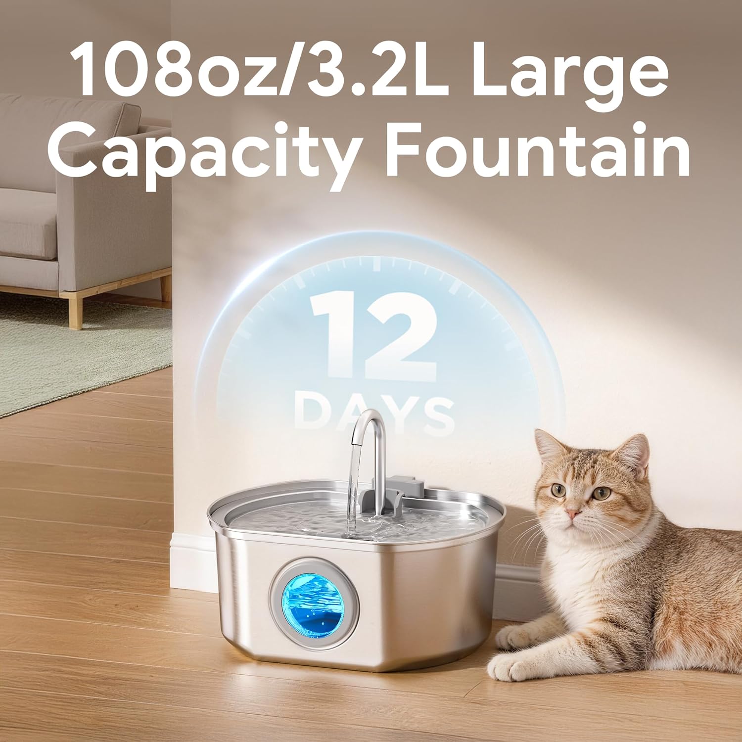 Cat Water Fountain Stainless Steel: 108oz/3.2L Cat Fountain for Drinking - Pet Water Fountain Inside - Automatic Dog