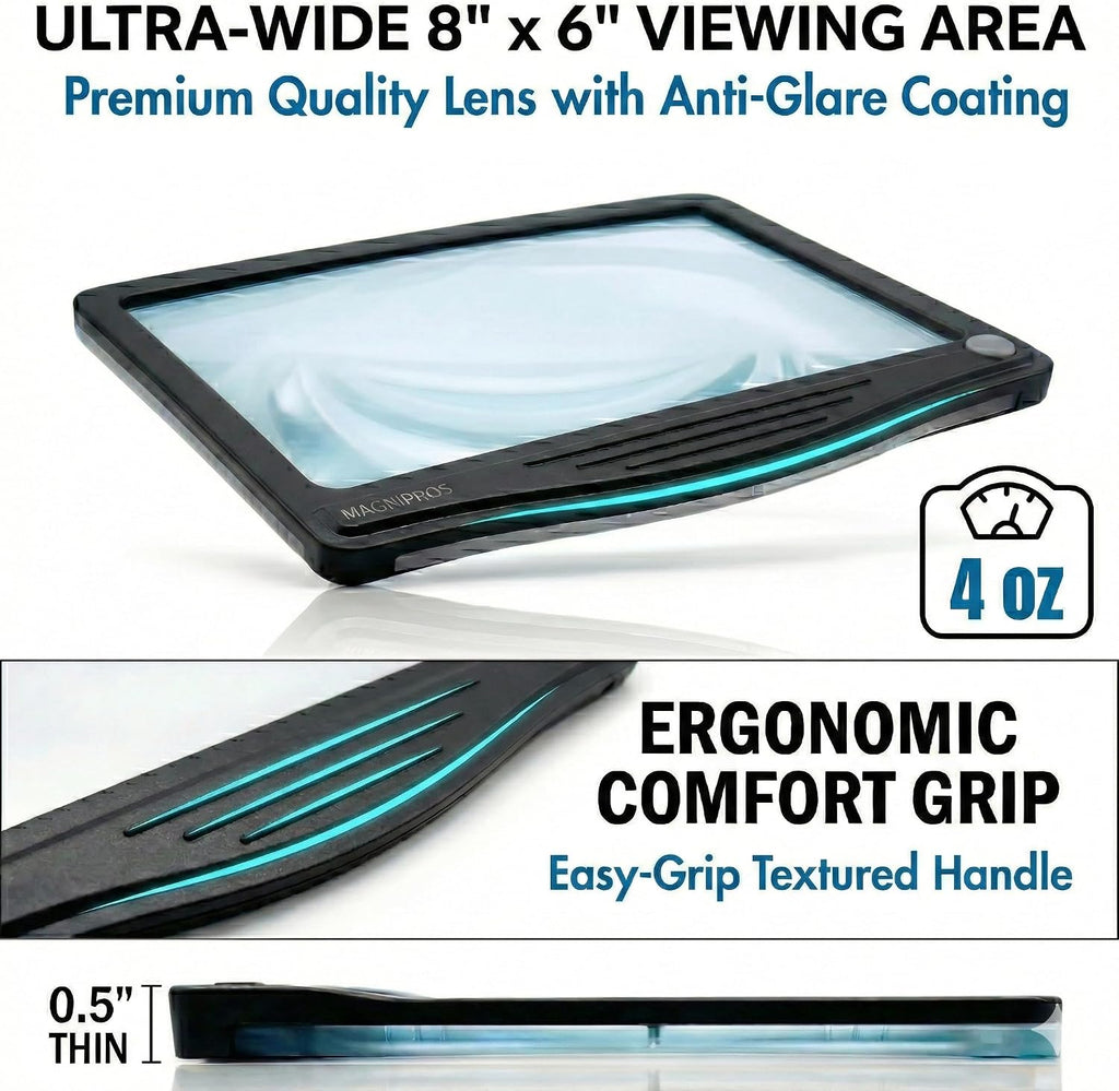 5X Rechargeable Large Ultra Bright LED Page Magnifier with Anti-Glare Lens & 3 Color Dimmable Light Modes, Relieve