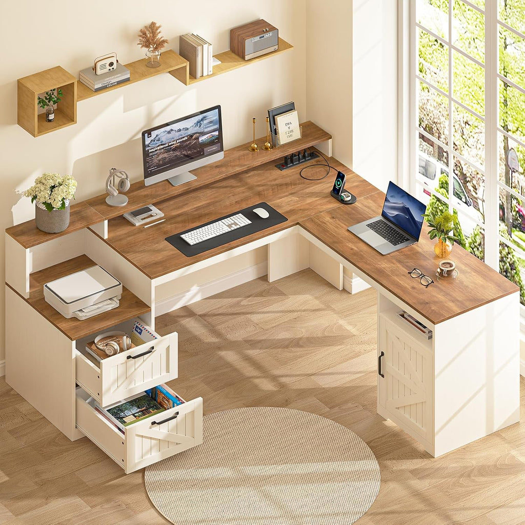 63" Farmhouse L Shaped Executive Desk with Drawers & Storage Shelf, Corner Computer Desk with Power Outlets, L Shaped