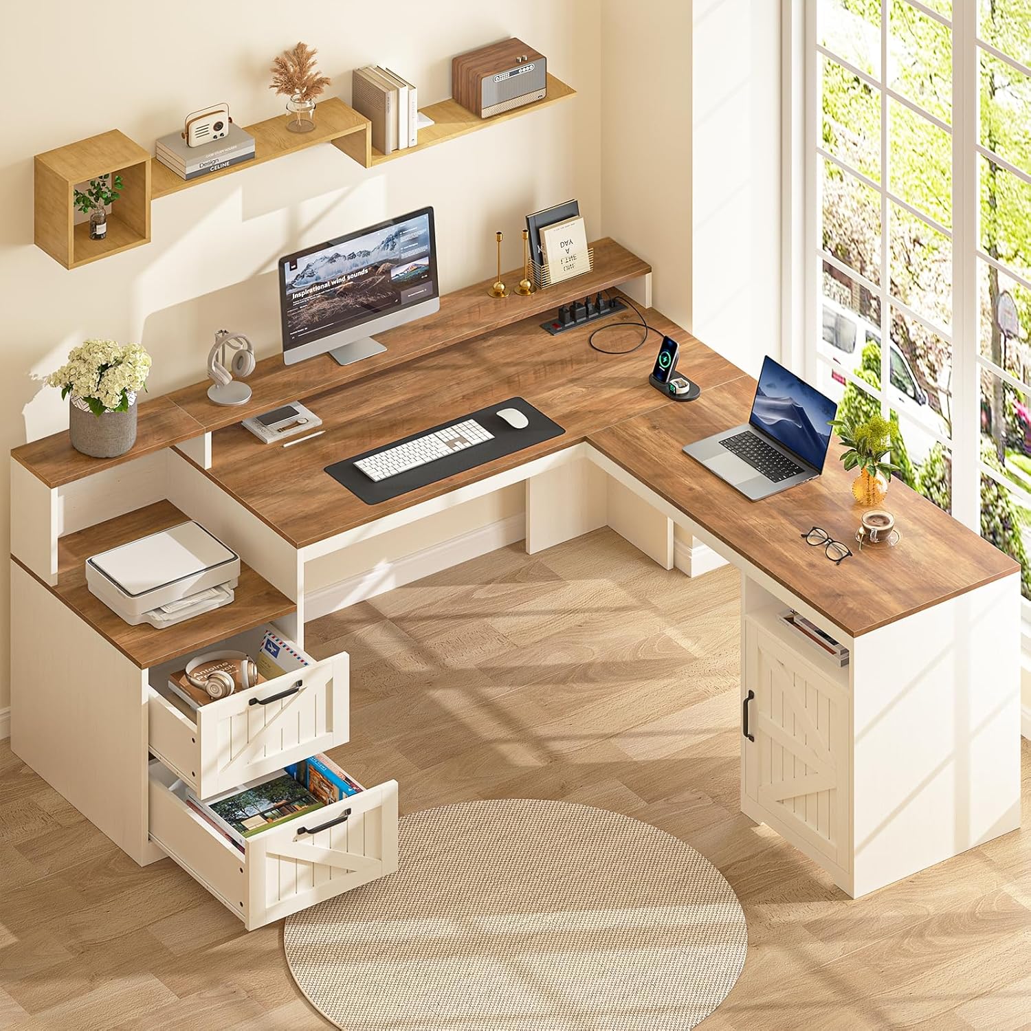 63" Farmhouse L Shaped Executive Desk with Drawers & Storage Shelf, Corner Computer Desk with Power Outlets, L Shaped