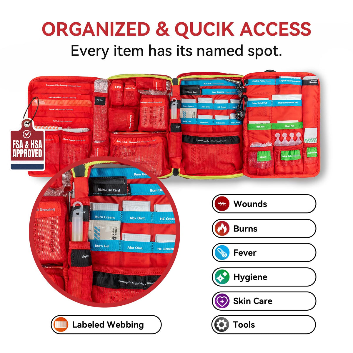 Organized First Aid Kit, Labeled Medical Kit Fully Stocked