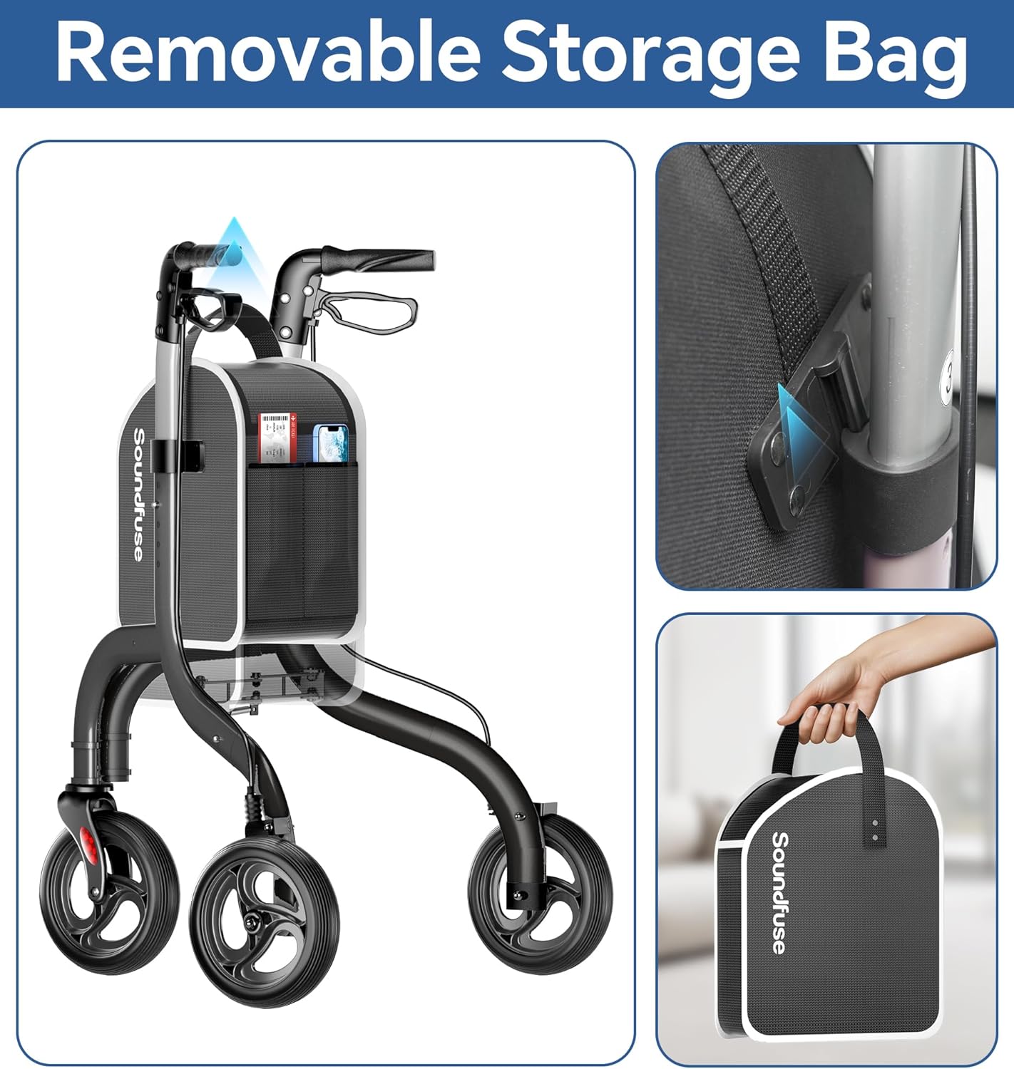 3 Wheel Walkers for Seniors, Lightweight Foldable Aluminum Rollator Walker, Height Adjustable Three Wheel Walker, Black
