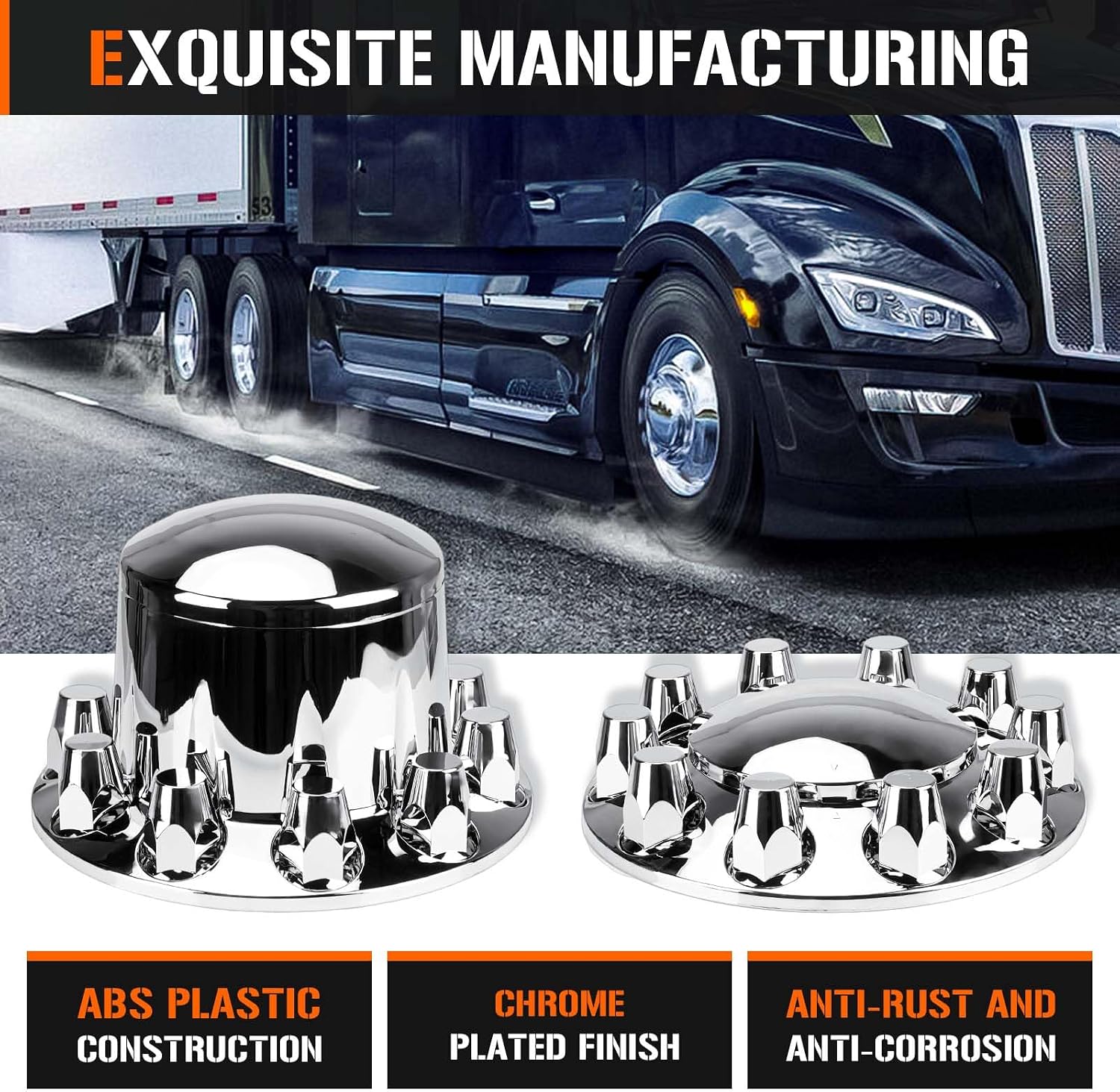 Dome Axle Cover Combo Kits for Semi Truck Hubs w/Screw-On 33mm Lug Nut, ABS Plastic Chrome Plated, 2 Front & 4 Rear