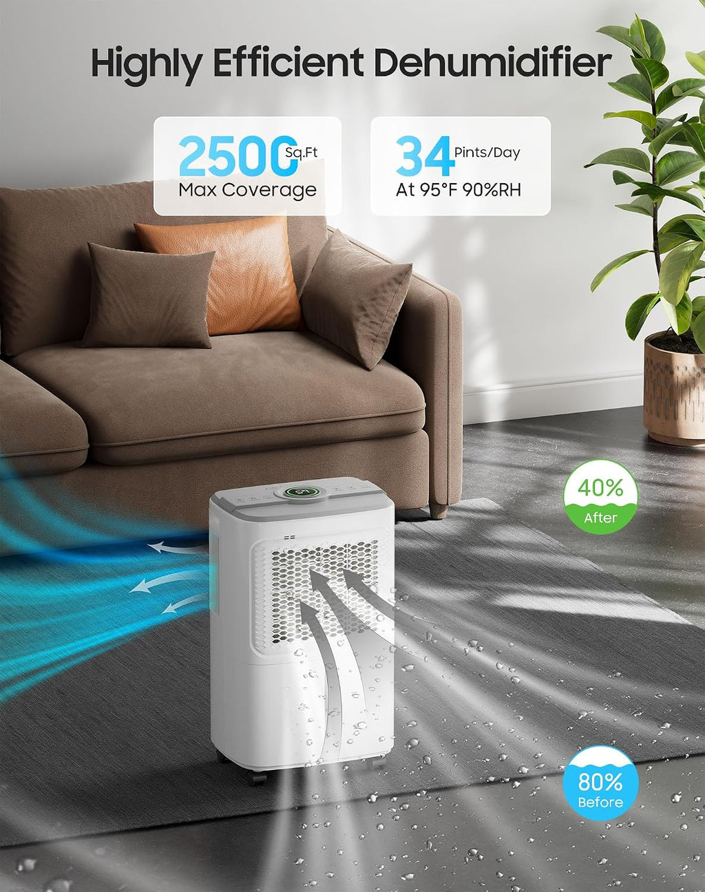 2500 Sq.Ft Dehumidifier for Basement Home, ASAHWo 34 Pints Dehumidifier with Drain Hose, Quiet Portable Dehumidifiers