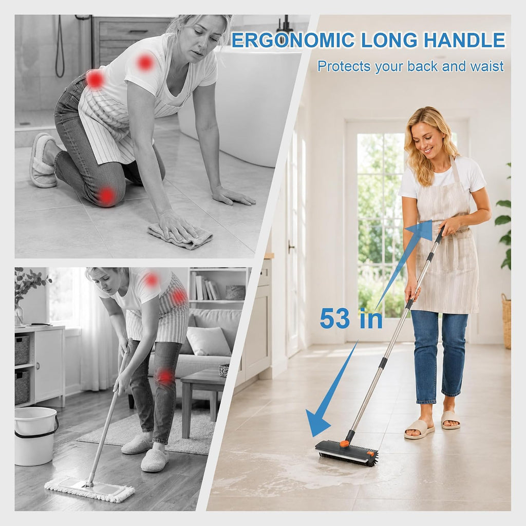 Floor Scrub Brush with Long Handle, 3 in 1 Floor Scrubber, Heavy Duty Stiff Bristle Squeegee Broom for Cleaning