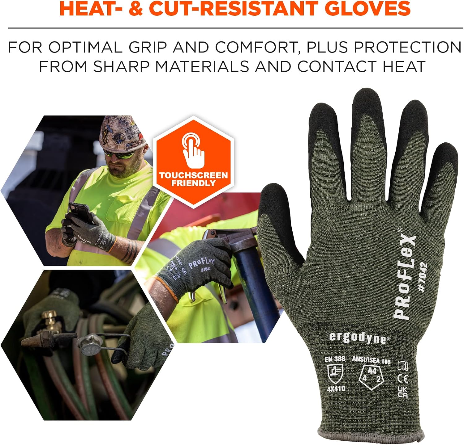ProFlex 7042 Cut Resistant Work Gloves, ANSI A4, Contact Heat Resistant, Sandy Nitrile Coated Palms, 18g Aramid
