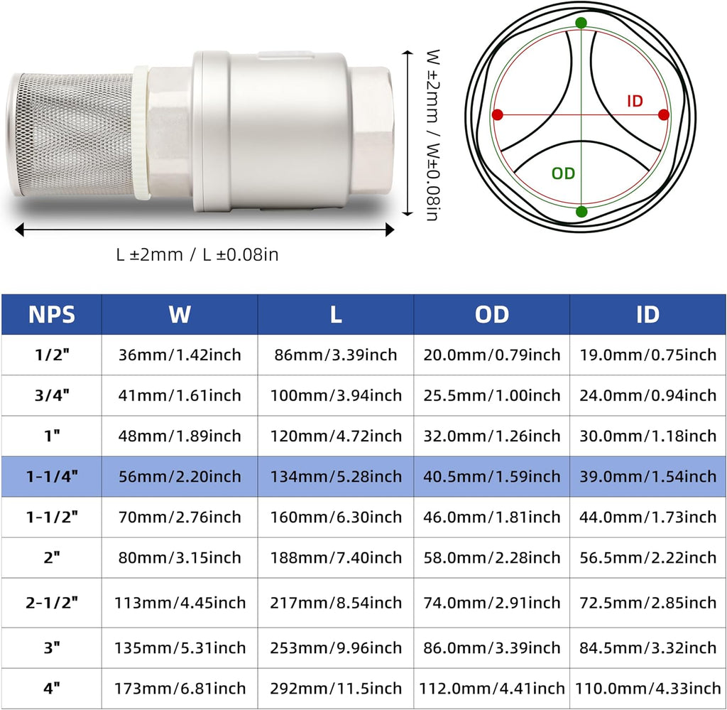 1-1/4" NPT Foot Valve with Filter, Stainless Heavy Duty Female Thread, DN32