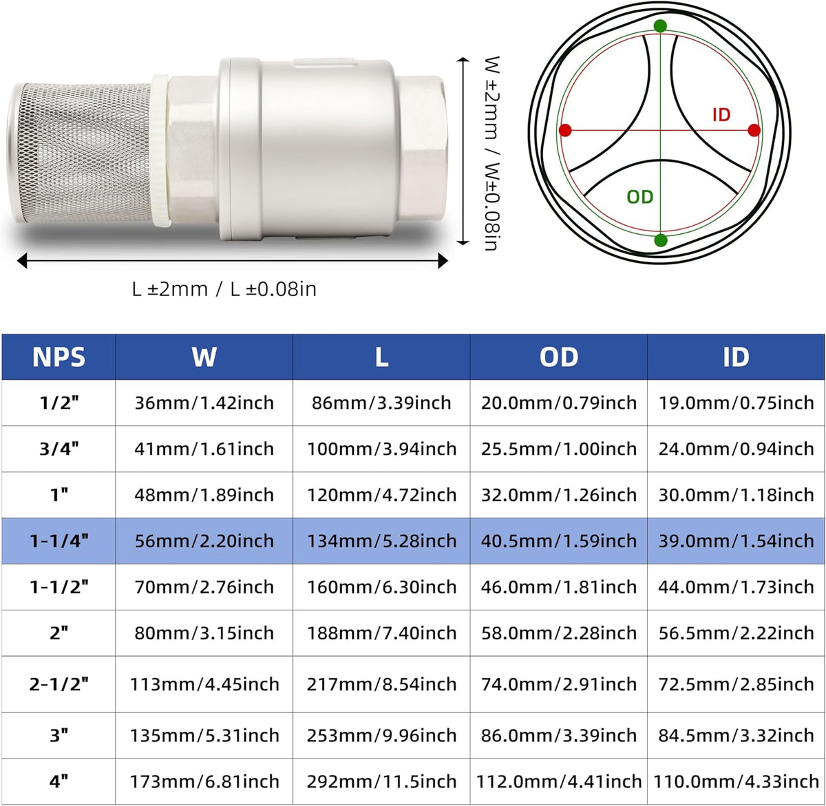 1-1/4" NPT Foot Valve with Filter, Stainless Heavy Duty Female Thread, DN32
