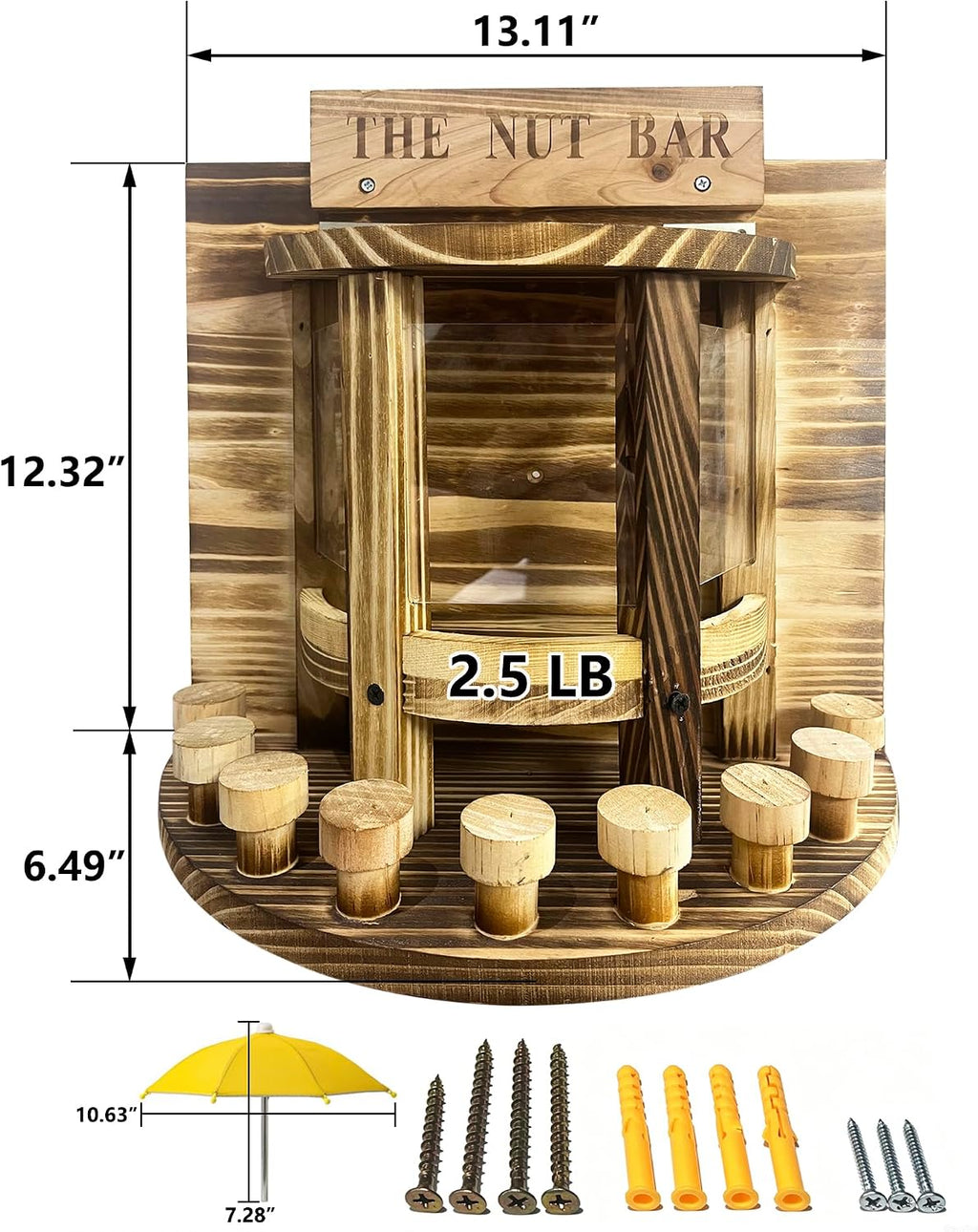 Wooden Squirrel Feeder 'The Nut Bar',Wall or Tree Mount, 13.3x12.6 Inch, Includes Mini Umbrella(Need to Punch Holes
