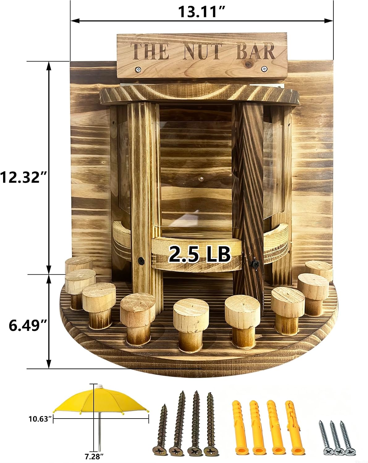 Wooden Squirrel Feeder 'The Nut Bar',Wall or Tree Mount, 13.3x12.6 Inch, Includes Mini Umbrella(Need to Punch Holes