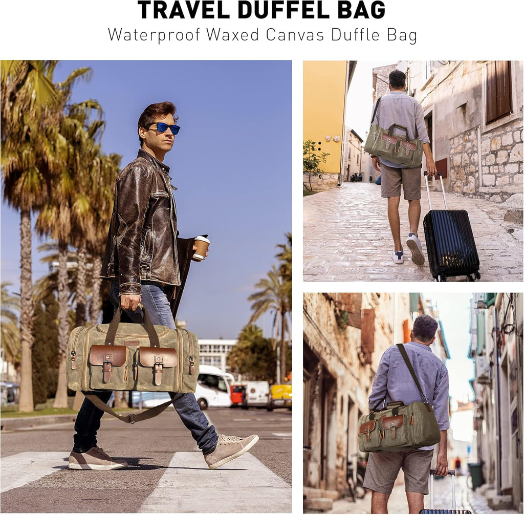 Waxed Canvas Duffle Bag - 50L Waterproof Weekender Overnight Travel Bag